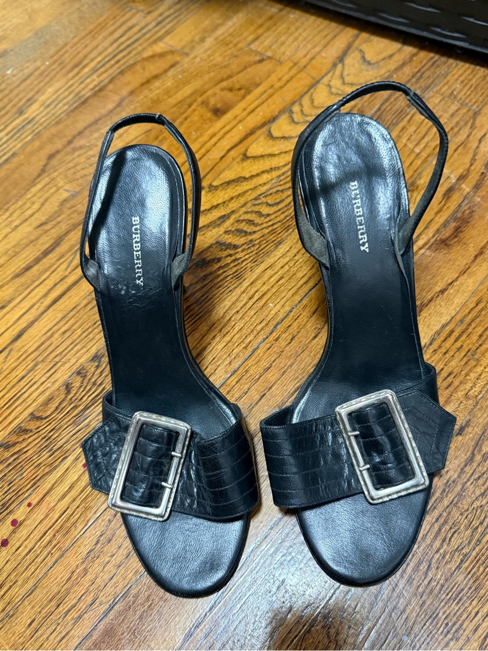 Vintage Burberry Black Leather Slingback Heels with Silver Buckle Accent
